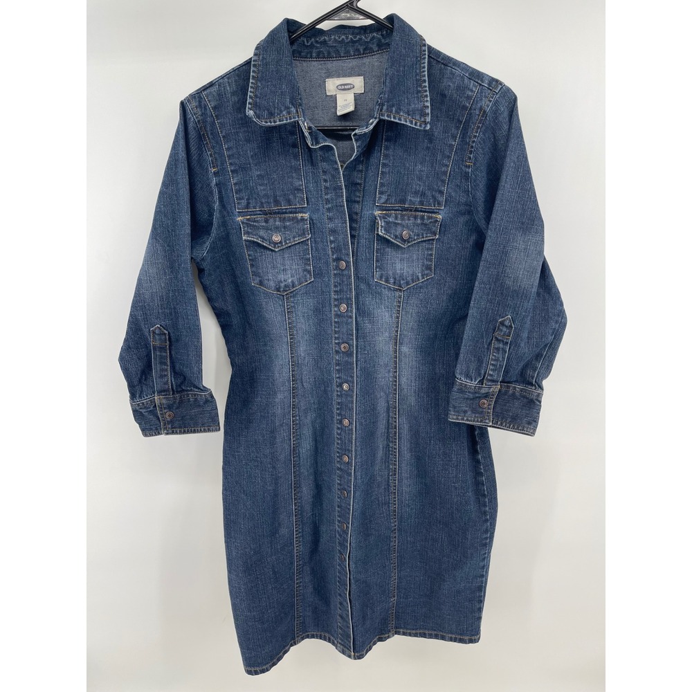 Y2K Old Navy Womens Denim Shirt Dress Blue Button Front 3/4 Sleeve 10 VTG Biker